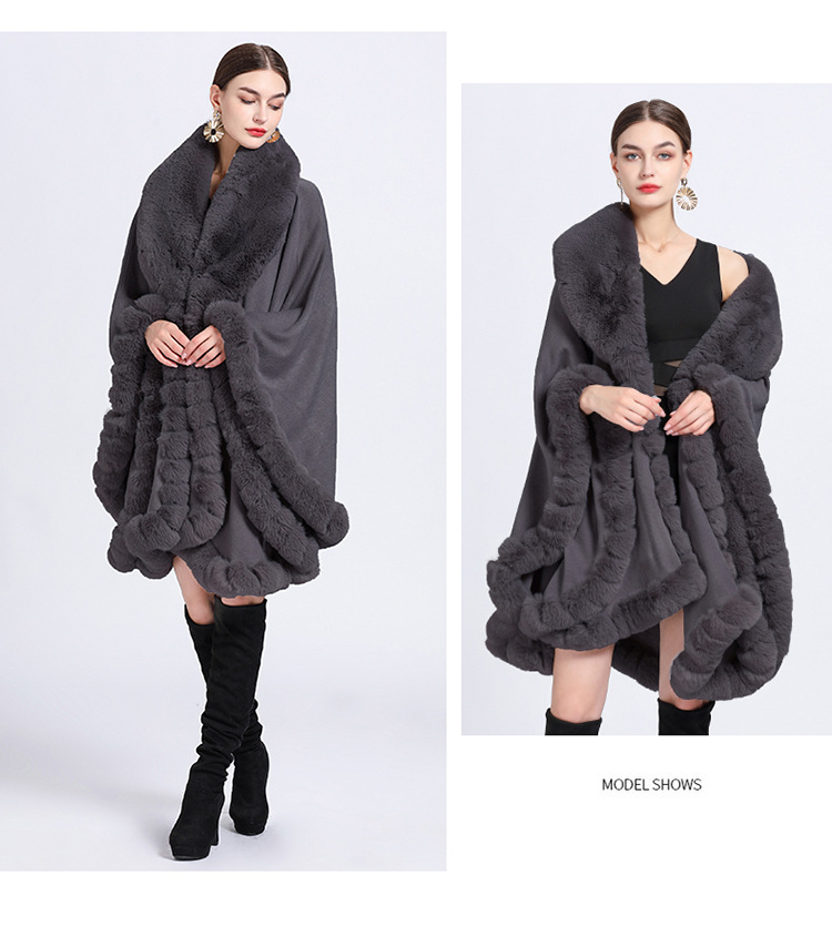 European and American autumn and winter new imitation otter rabbit fur collar cape jacquard loose tassel oversized woolen jacket for women