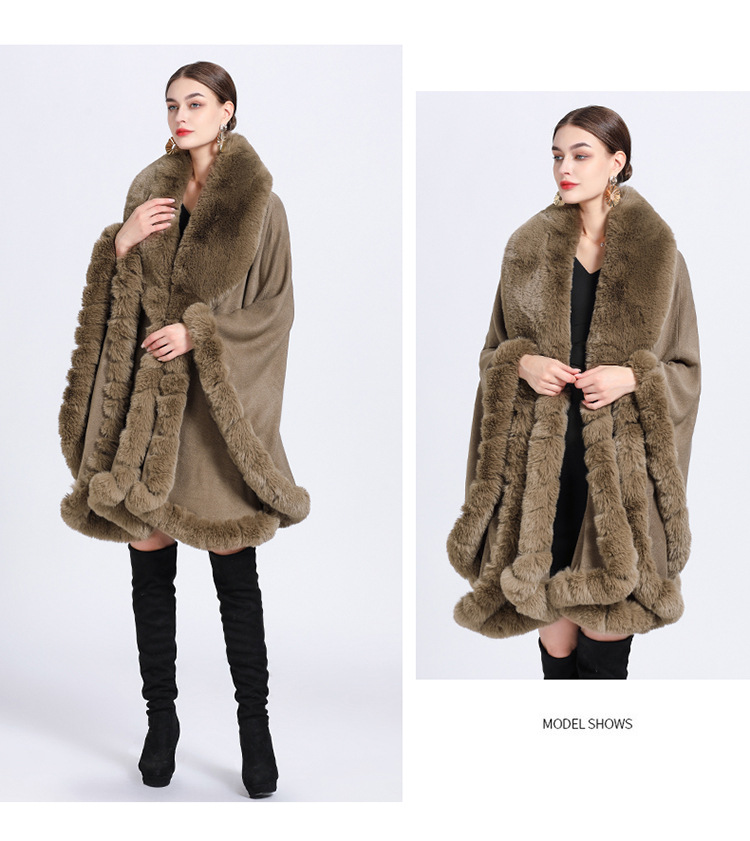 European and American autumn and winter new imitation otter rabbit fur collar cape jacquard loose tassel oversized woolen jacket for women