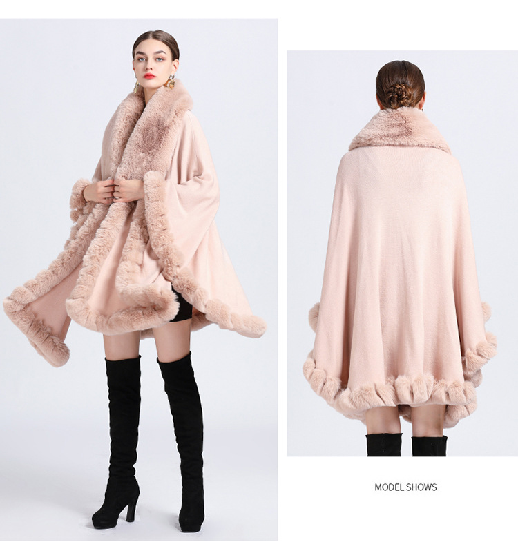 European and American autumn and winter new imitation otter rabbit fur collar cape jacquard loose tassel oversized woolen jacket for women