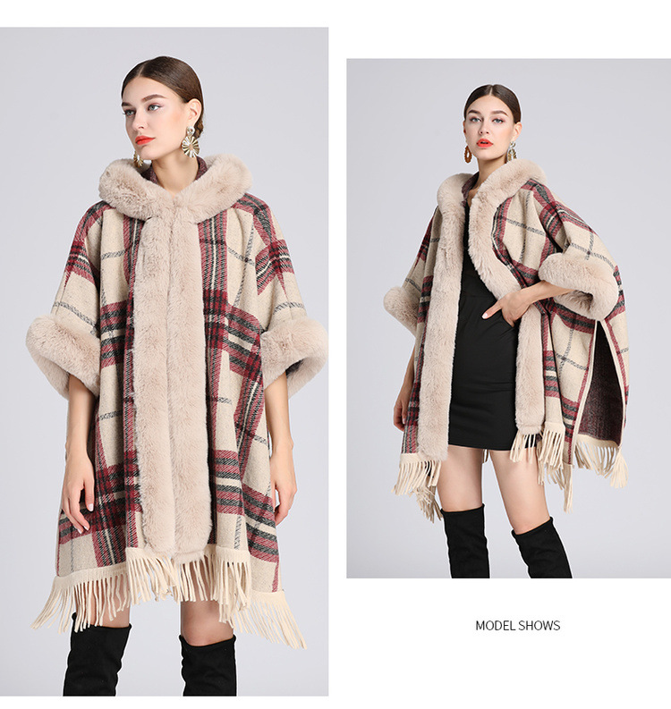 European and American autumn and winter new imitation otter rabbit fur collar hooded cape women's woolen jacket