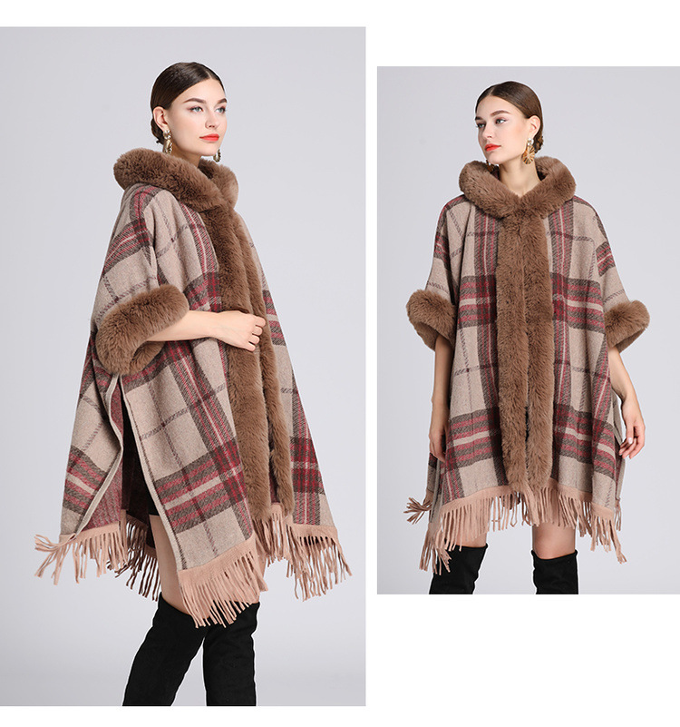 European and American autumn and winter new imitation otter rabbit fur collar hooded cape women's woolen jacket