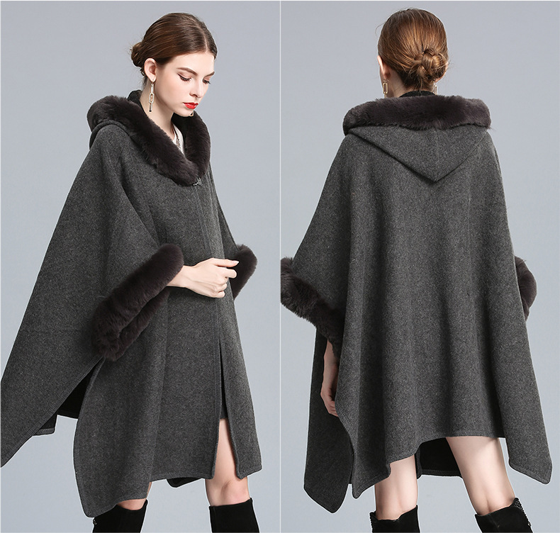 European and American autumn and winter new imitation otter rabbit fur collar hooded cape oversized woolen jacket loose cardigan