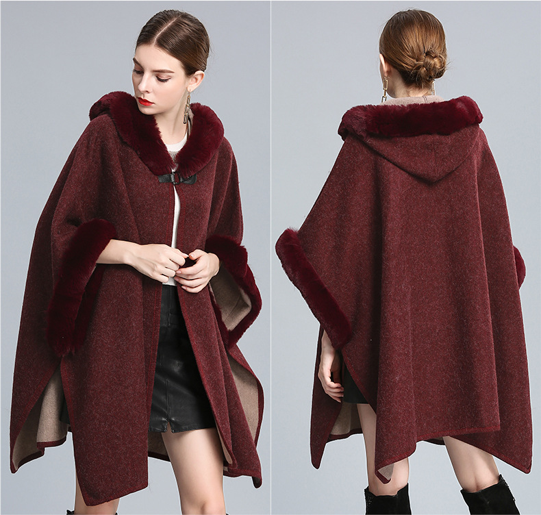 European and American autumn and winter new imitation otter rabbit fur collar hooded cape oversized woolen jacket loose cardigan