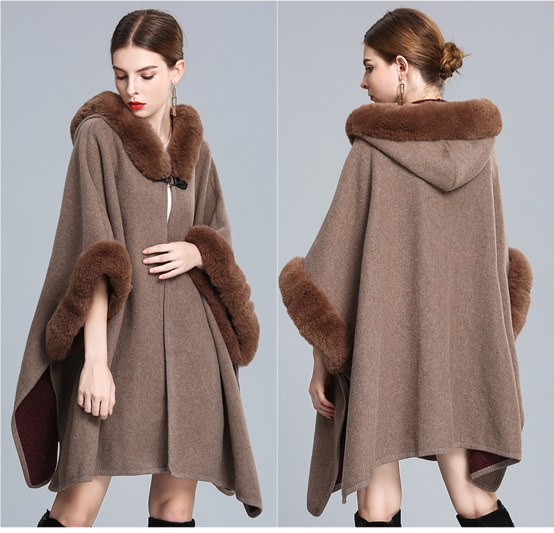 European and American autumn and winter new imitation otter rabbit fur collar hooded cape oversized woolen jacket loose cardigan