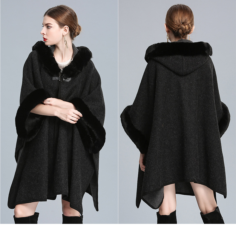 European and American autumn and winter new imitation otter rabbit fur collar hooded cape oversized woolen jacket loose cardigan