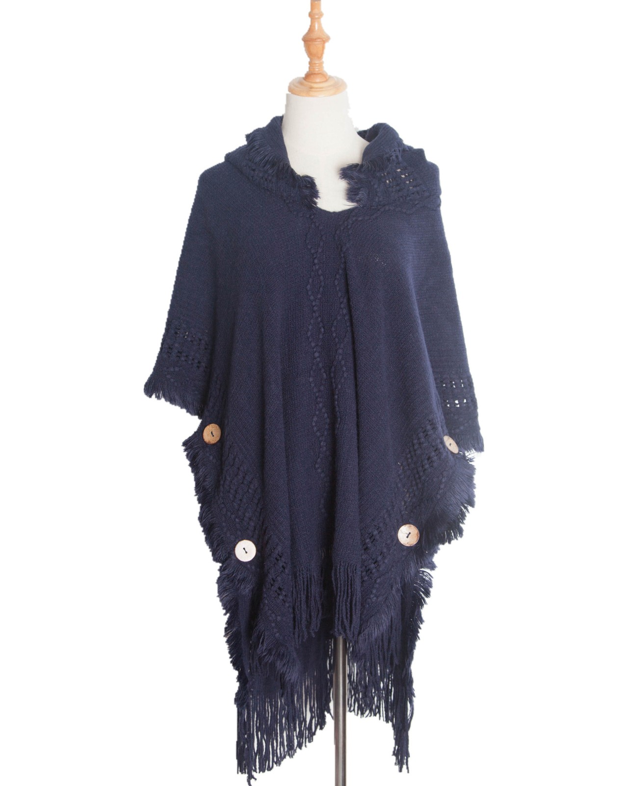 Oversized knitted sweater with buttons, hooded cape, shawl